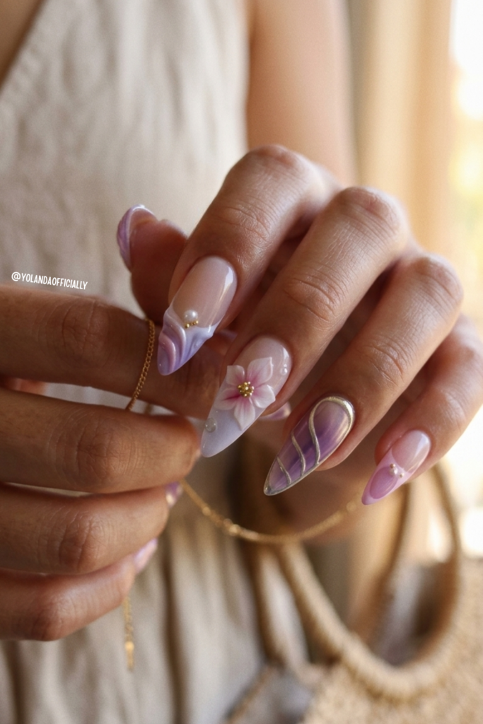 Lavender 3D Floral Press-On Nails | Amazon Find Dreamy lavender 3D floral press-on nails with purple ombre and gold detail
