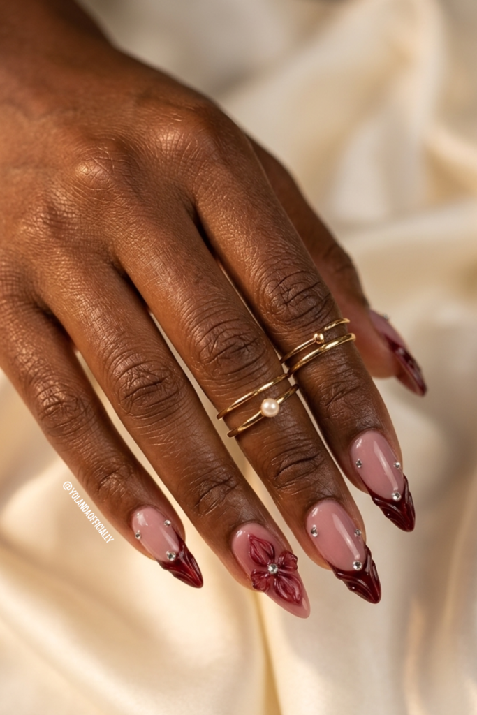Burgundy French Tip Press-On Nails With 3D Flower @yolandaofficially