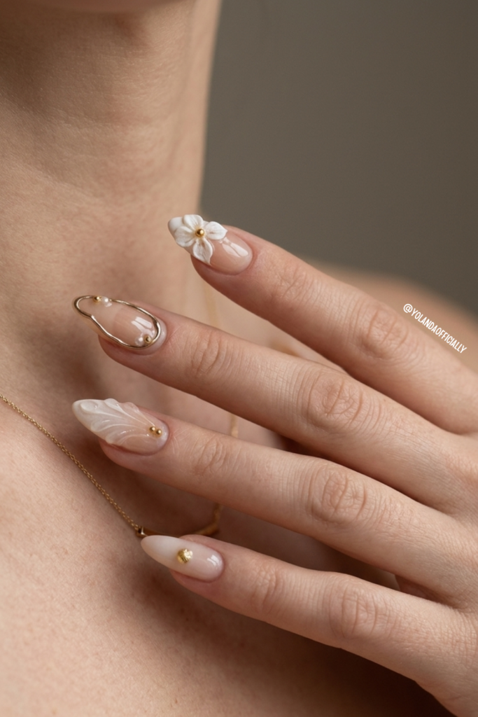Classy Bridal Press-On Nails With 3D Flowers bridal press-on nails with 3D flowers