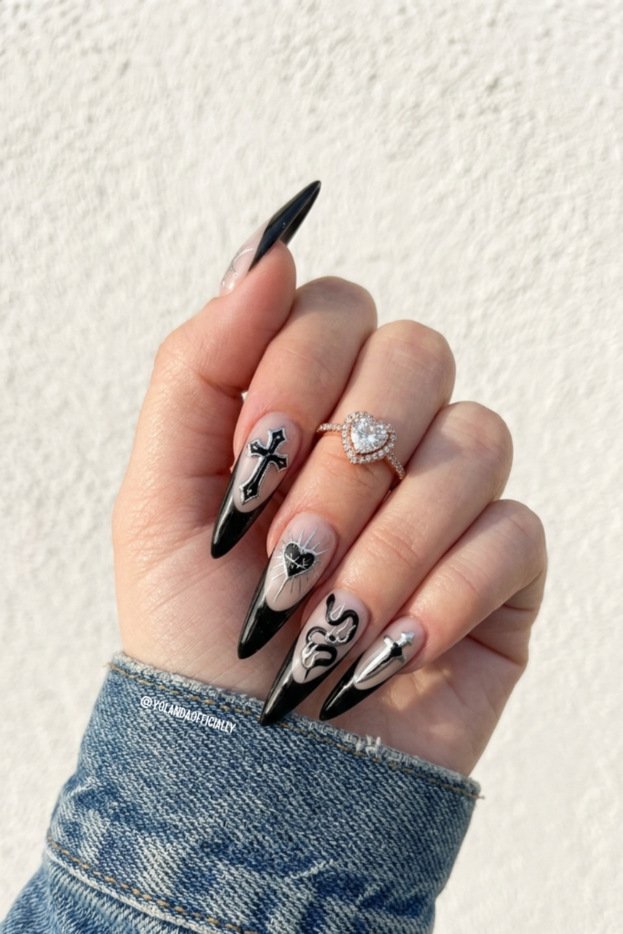 3D Silver Chrome Black Press-On Nails @yolandaofficially