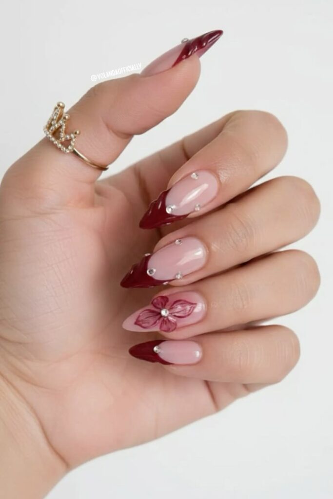 Burgundy French Tip Press-On Nails With 3D Flower img 0855