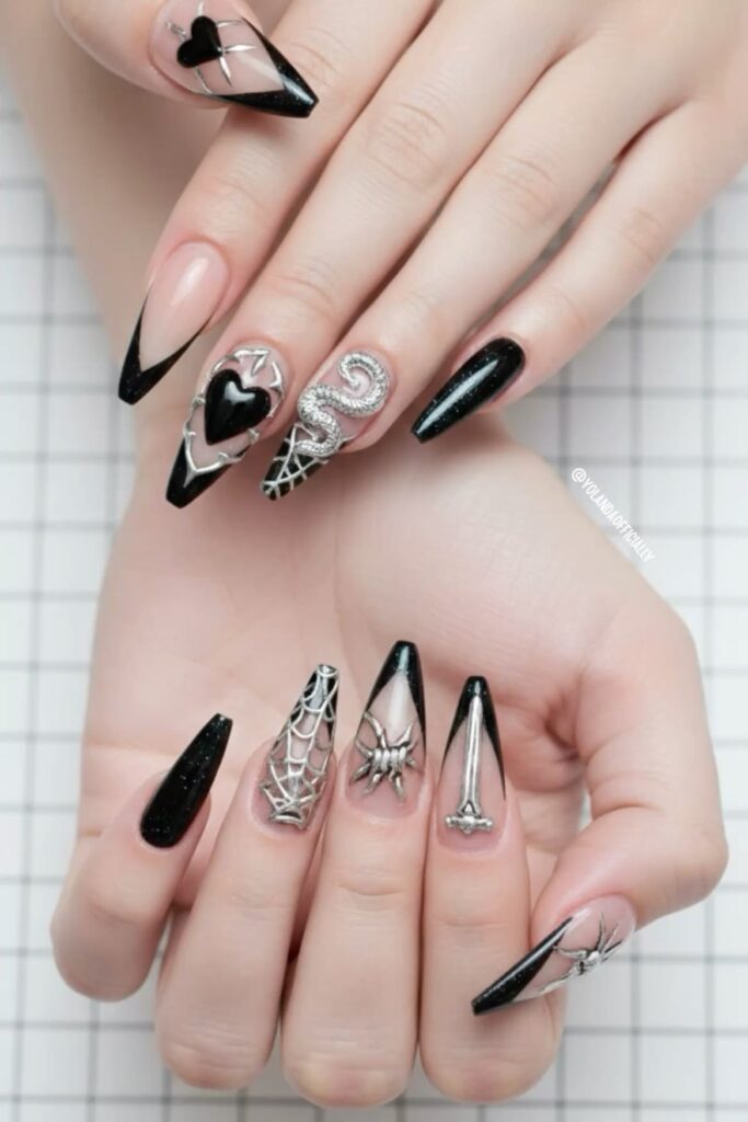 3D Silver Chrome Black Press-On Nails img 0914