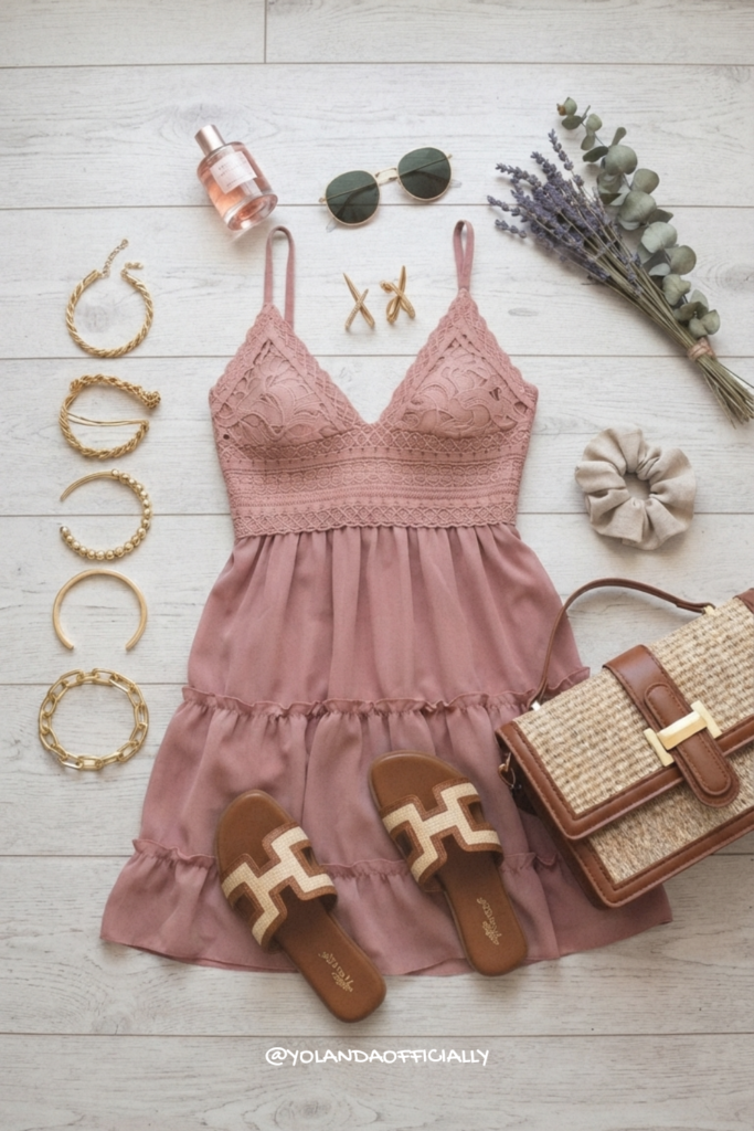 This $40-Ish Pink Lace Mini Dress Outfit Belongs in Your Suitcase pink lace mini dress outfit