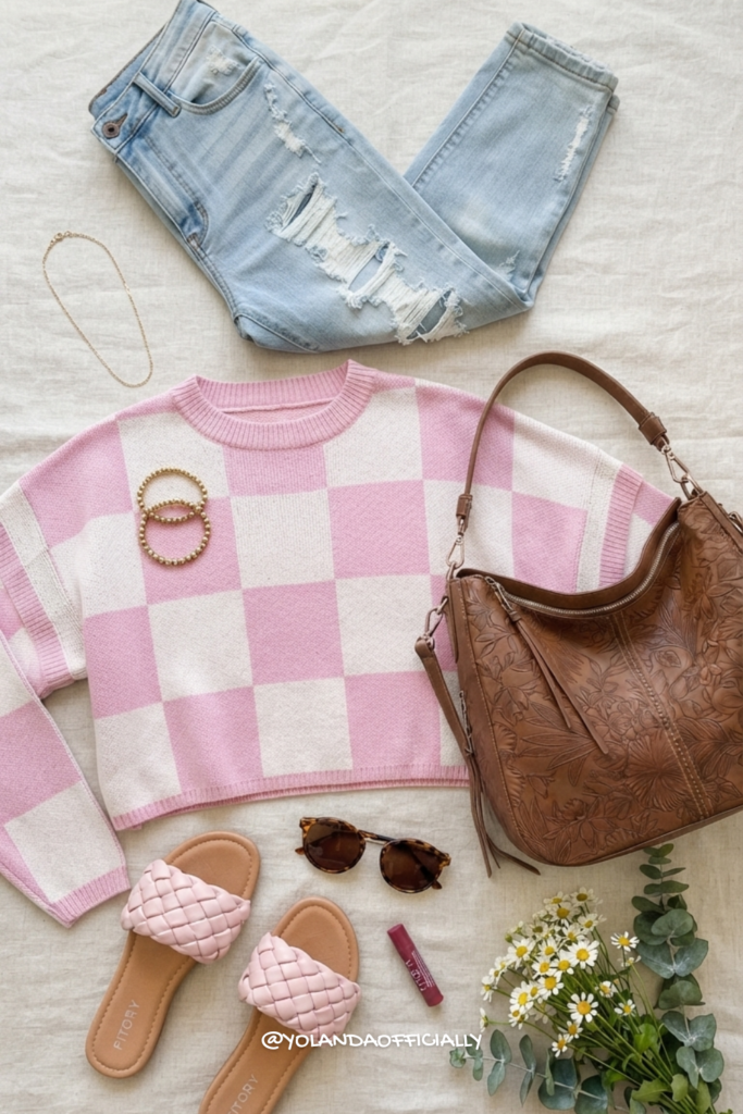 Pink Checkered Sweater Outfit + Distressed Skinny Jeans ✨ glow meets genius medicube salmon dna duo ✨