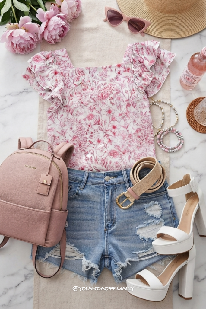 Pink Floral Summer Outfit with Denim Shorts (Easy Everyday Look) pink floral summer outfit
